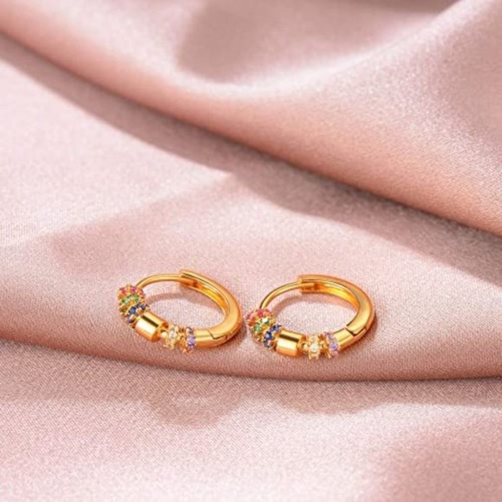 Rainbow Gold CZ Hoop Earrings